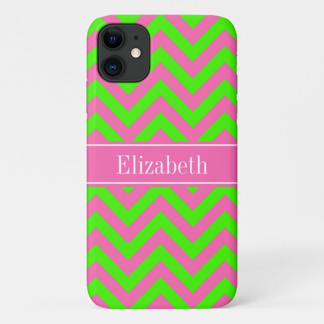 Coques Case-Mate iPhone Chaud rose #2 Lime Green LG Chevron Nom Monogramme (Dos)
