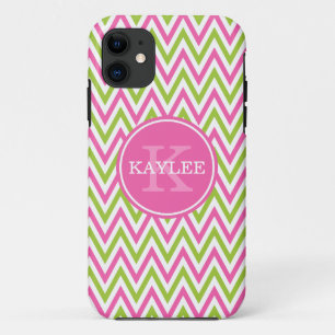 Coques Pour iPhone Chaux rose moderne Vert Chevron & Monogramme