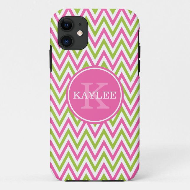 Coques Case-Mate iPhone Chaux rose moderne Vert Chevron & Monogramme (Dos)