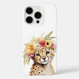Coque iPhone 16 Pro Cheetah Flower Crown Art Aquarelle Safari Floral