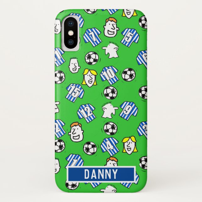 Coques Case-Mate iPhone Chemises de football à rayures bleues et blanches. (Dos)