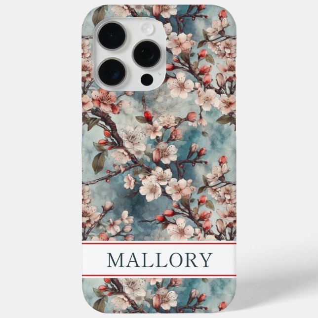 Coques Case-Mate iPhone Cherry Blossoms Teal Sakura Print Monogrammed (Verso)