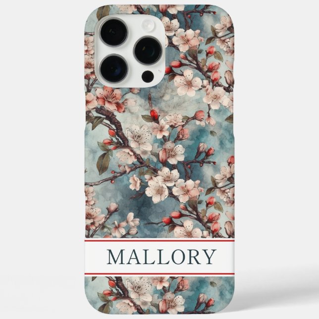 Coques Case-Mate iPhone Cherry Blossoms Teal Sakura Print Monogrammed (Verso)