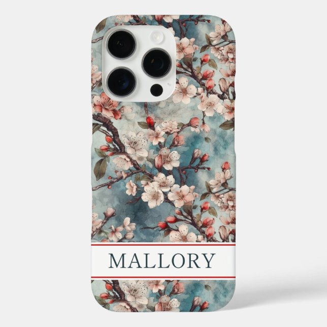 Coques Case-Mate iPhone Cherry Blossoms Teal Sakura Print Monogrammed (Verso)