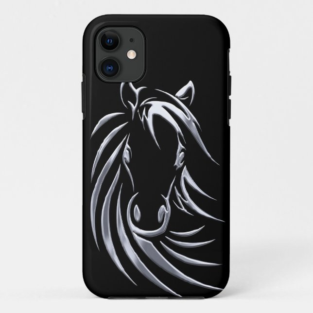 Coques Case-Mate iPhone Cheval argenté tête sur noir (Dos)