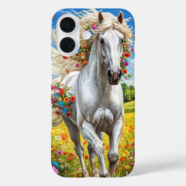 Coques Case-Mate iPhone Cheval blanc esthétique dans une prairie fleurie (Verso)