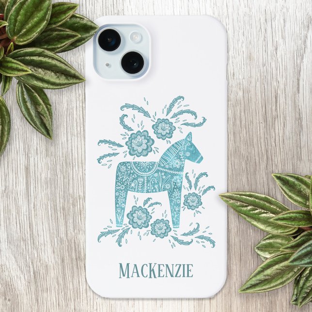 Coques Case-Mate iPhone Cheval Dala Suédois Turquoise personnalisé (Swedish Dala Horse personalized name cell phone case)