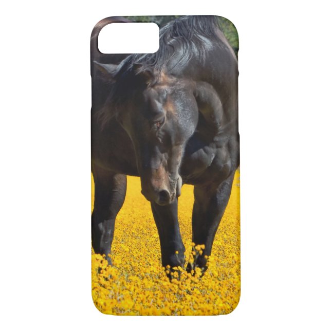 Coques Case-Mate iPhone Cheval de baie dans un champ de fleurs jaunes (Dos)
