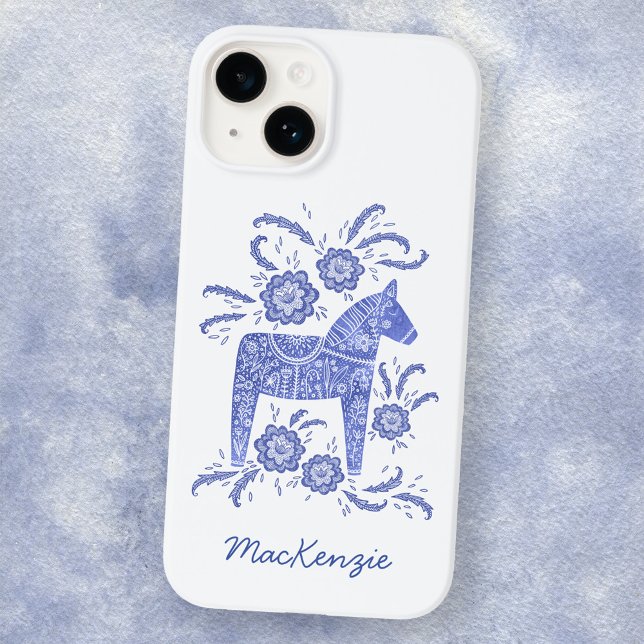 Coques Case-Mate iPhone Cheval de Dala suédois Personnalisé Bleu Blanc (Créateur téléchargé)