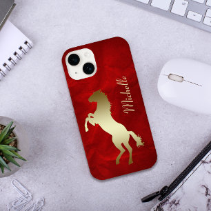 Coque Pour iPhone 14 Cheval d'or Rouge Personnalisé