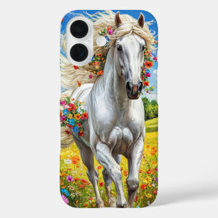 Coque Pour iPhone 16 Cheval et fleurs