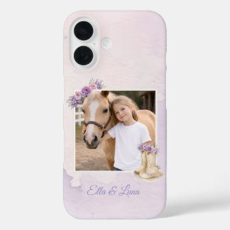 Coque Pour iPhone 16 Cheval Floral Violet Filles
