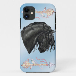 Coques Pour iPhone Cheval frison d'aquarelle noire sur le bleu de