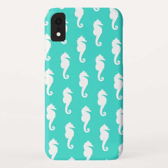 Coques Case-Mate iPhone Cheval marin blanc sur turquoise (Dos)