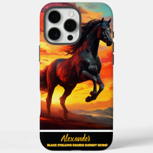 Coque iPhone 16 Pro Max "Cheval noir courant au coucher du soleil