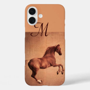 Coques iPhone 16 Plus CHEVAL ROUGE, Monogramme rose antique