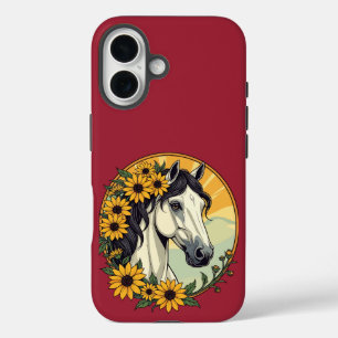 Coque Pour iPhone 16 Cheval Thoroughbred Et Fleurs Susan À Oeil Noir