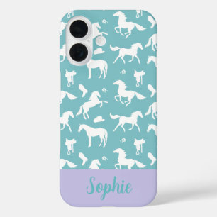 Coque Pour iPhone 16 Cheval Turquoise Motif Rider Nom personnalisé