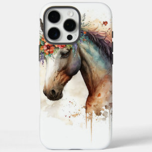 Coque iPhone 16 Pro Max Cheval visage avec couronne de fleurs