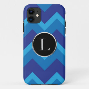 Coque Case-Mate Pour iPhone Chevron bleu triple L monogramme argenté de Caslo