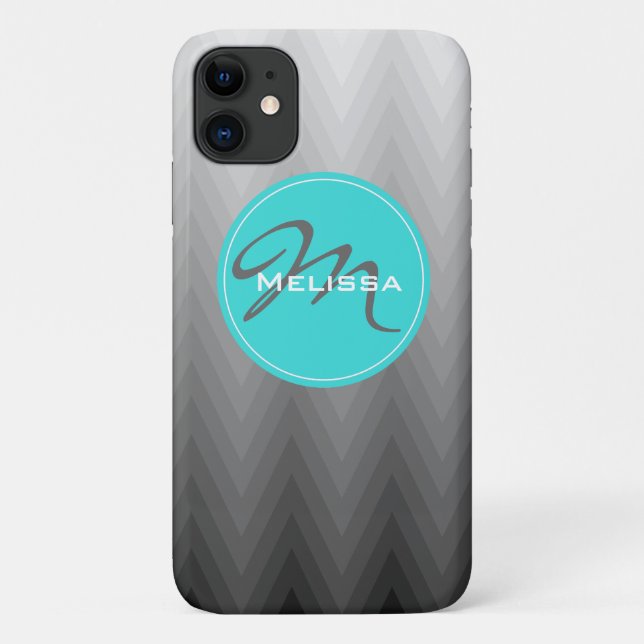 Coques Case-Mate iPhone Chevron gray ombre motif Turquoise Monogramme Nom (Dos)