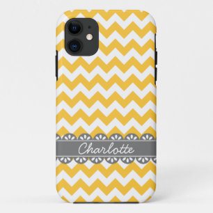Coques Pour iPhone Chevron jaune et dentelle gris à la mode