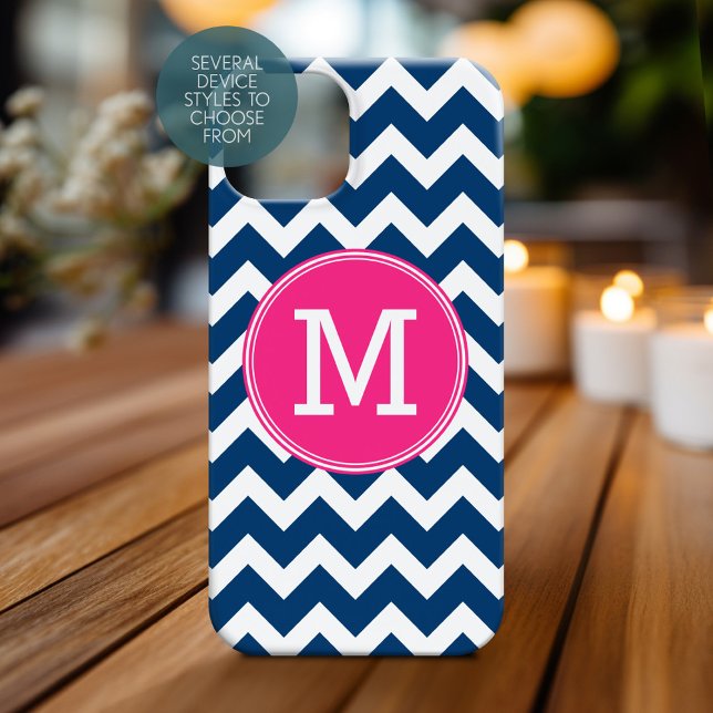 Coques Case-Mate iPhone Chevron Motif Triple Monogram - Navy Magenta (Personalized Phone Case with Monogram)