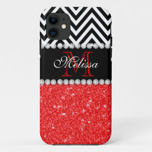COQUES POUR iPhone CHEVRON NOIR PARTIES SCINTILLANT ROUGE MONOGRAMMÉ