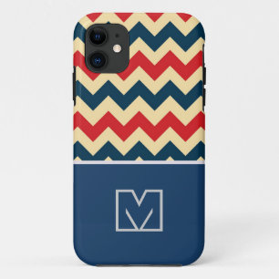 Coques Pour iPhone Chevron rouge et bleu Zigzag. Monogramme personnal