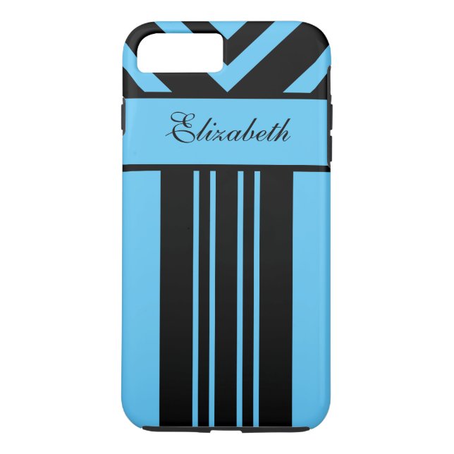 Coques Case-Mate iPhone Chevrons de Black & Bright Blue Stripes, votre nom (Dos)