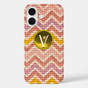 COQUE POUR iPhone 16 CHEVRONS MOSAÏQUES JAUNES ROSE BLANC GÉM MONOGRAM