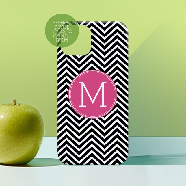 Coques Case-Mate iPhone Chevrons noir et blanc Personnalisé Monogramme ros (Personalized Phone Case with Custom Text - Choose a Device Style)