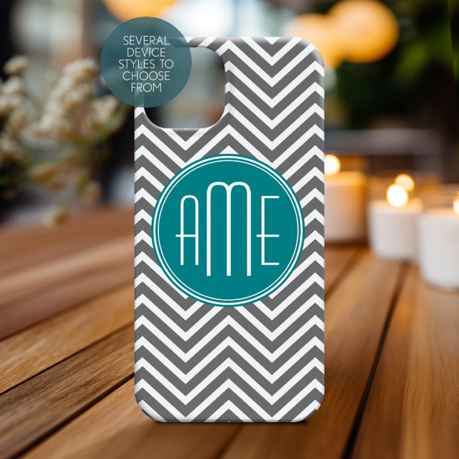 Coques Case-Mate iPhone Chevrons turquoises au charbon de bois Monogramme  (Personalized Phone Case with Monogram)