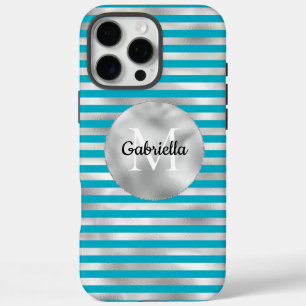 Coque iPhone 16 Pro Max Chic Aqua Silver Stripes Monogramme