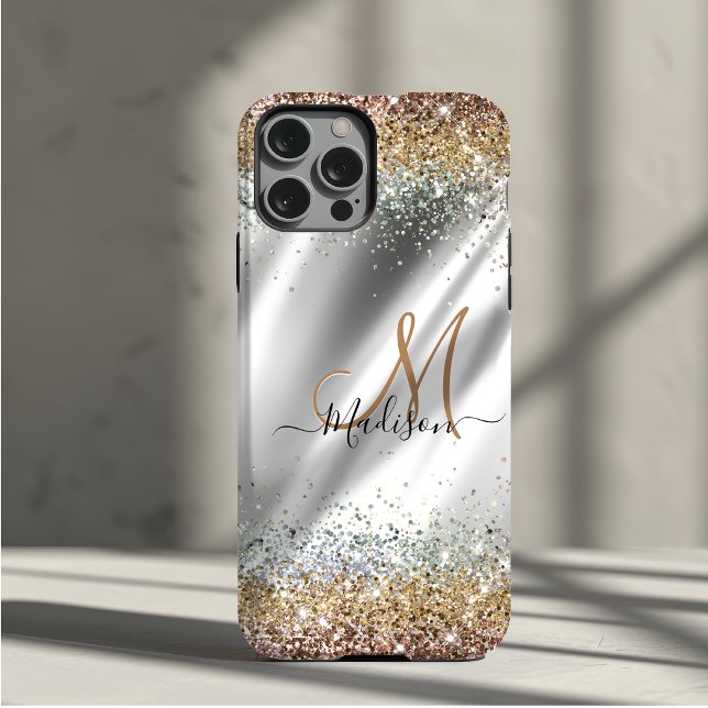 Coques Case-Mate iPhone Chic argent Or faux paillettes monogramme (Créateur téléchargé)