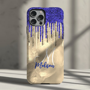 Coque Case-Mate iPhone Chic bleu royal paillettes dorées gouttes monogram