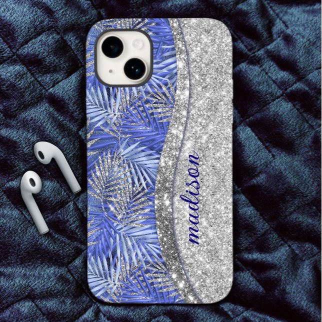 Coques Case-Mate iPhone chic bleu violet argent parties scintillant feuill (Créateur téléchargé)