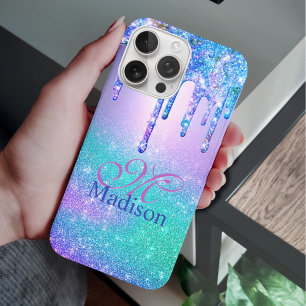 Coque iPhone 16 Pro Chic bleu violet ombre parties scintillant gouttes