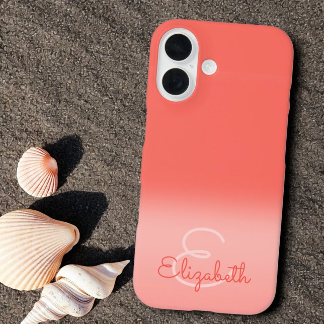 Coques Case-Mate iPhone Chic Coral Ombre Nom Lettre initiale Monogramme (Ombre phone case back with template text for monogram)