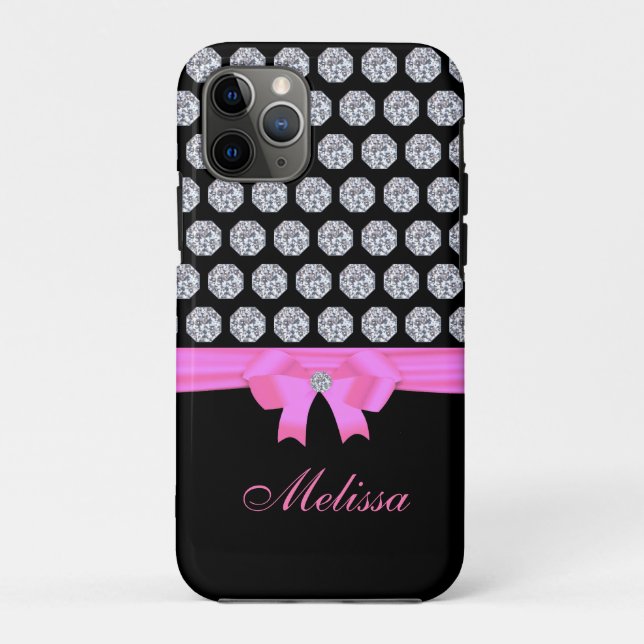 Coques Case-Mate iPhone Chic Diamond motif & nom calligraphie sur noir (Dos)