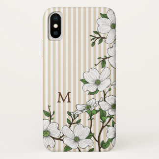 Coque iPhone X Chic Dogwood Blossoms & Stripes Monogramme