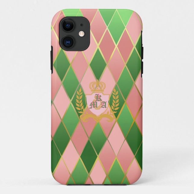 Coques Case-Mate iPhone Chic Élégant Argyle Rose et Vert Monogrammé (Dos)