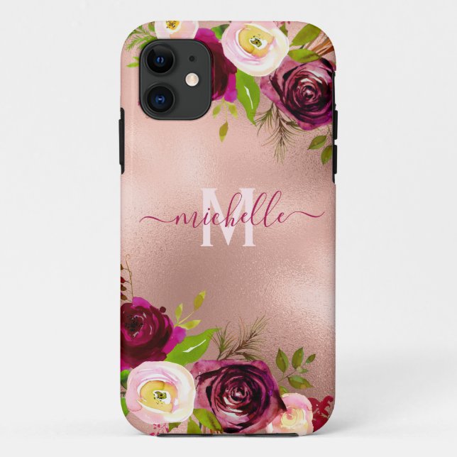 Coques Case-Mate iPhone Chic Elegant Bourgogne Blush Pink Nom Floral (Dos)