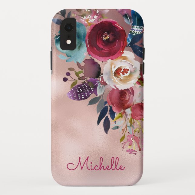 Coques Case-Mate iPhone Chic Elegant Bourgogne Pink Navy Nom Floral (Dos)