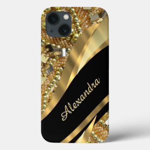 iPhone 13 Coque Chic élégant noir et or bling personnalisé