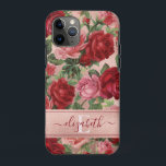 Case-Mate iPhone Case Chic Elegant Vintage Rose Rouge Roses Nom Floral<br><div class="desc">Chic Elegant Vintage Rose Rouge Roses Floral Nom Coque-Mate coque iphone Chic, Élégant, Vintage, Rose, Rouge violet clair, étui de téléphone à fleurs roses. Romantique, girly design un élégant rose floral vintage, rose violet clair roses rouge roses avec motif feuille vert sur arrière - plan or rose. Vous pouvez customiser...</div>