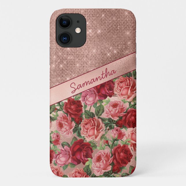 Coques Case-Mate iPhone Chic Elegant Vintage Rose Rouge Roses Nom Floral (Dos)