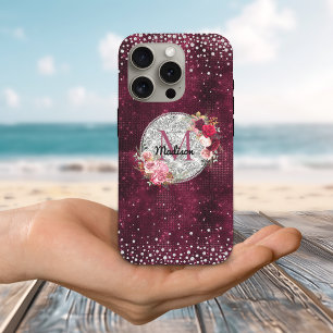 Coque iPhone 16 Pro Chic faux argent Parties scintillant Bourgogne Flo
