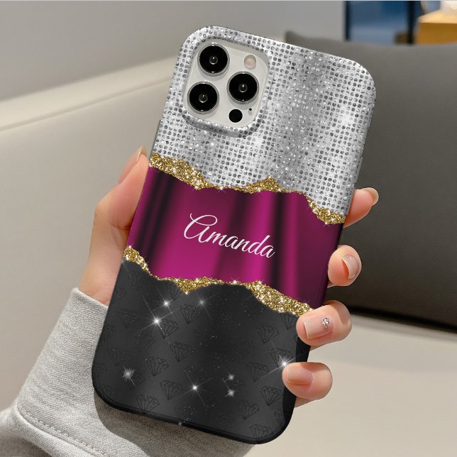 Coques Case-Mate iPhone Chic faux paillettes argent monogramme Fuchsia noi (Créateur téléchargé)