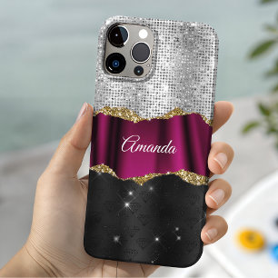 Coque iPhone 16 Pro Chic faux strass argent rose noir monogramme
